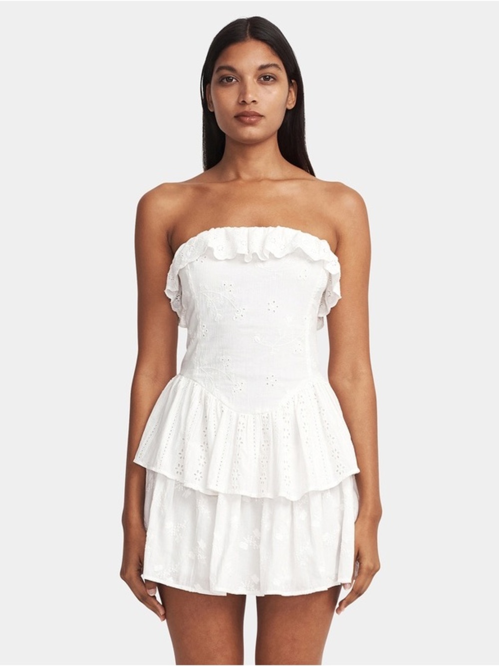 White Strapless Eyelet Ruffle Mini Dress (NWT)